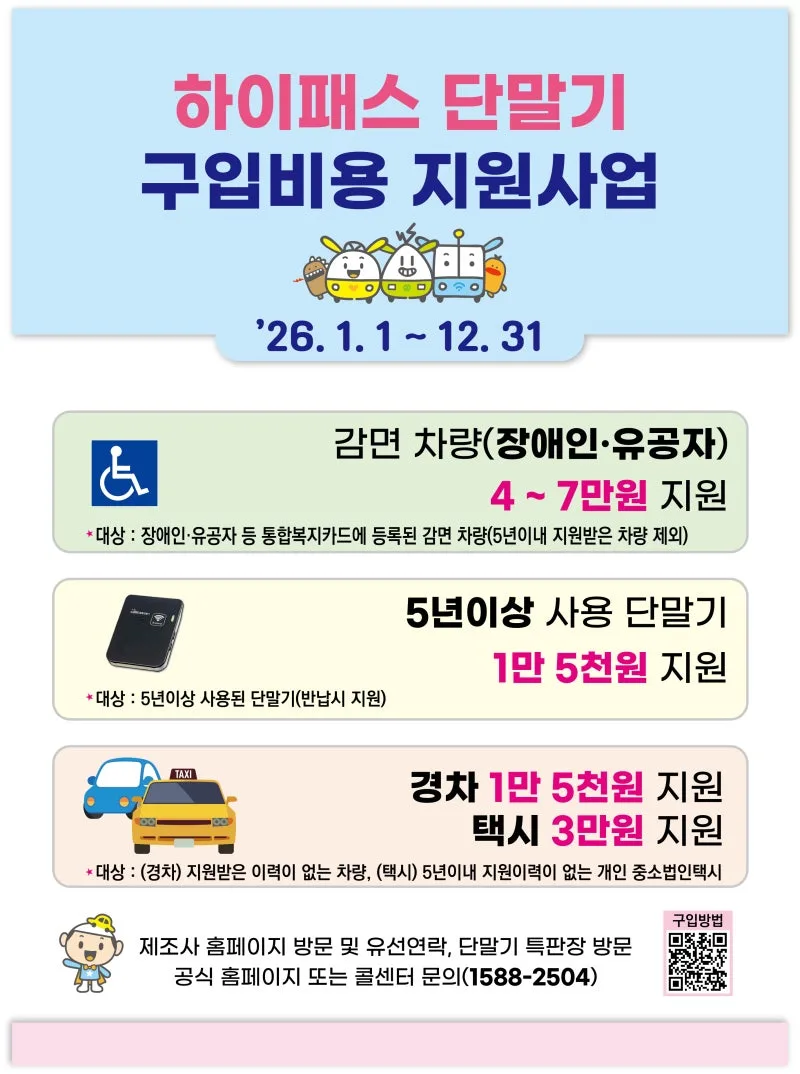 하이패스 단말기 지원금 2026, 경차 1만5천원·택시 3만원 지원 대상 확대 총정리