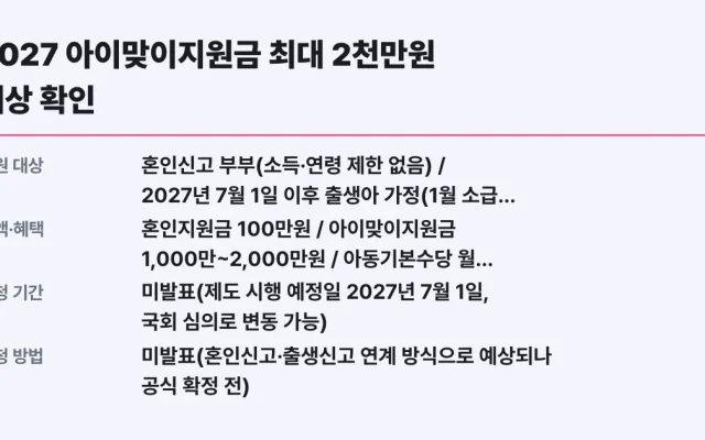 2027 아이맞이지원금 최대 2천만원 대상 확인