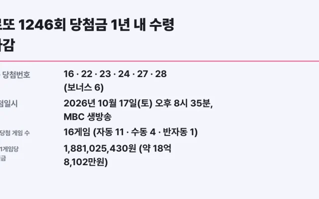로또 1246회 당첨금 1년 내 수령 마감, 대상 확인