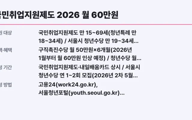 국민취업지원제도 2026 월 60만원, 청년 지원금 총정리