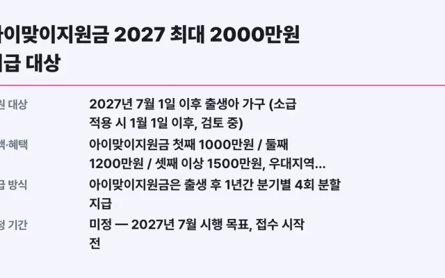 아이맞이지원금 2027 최대 2000만원 지급 대상